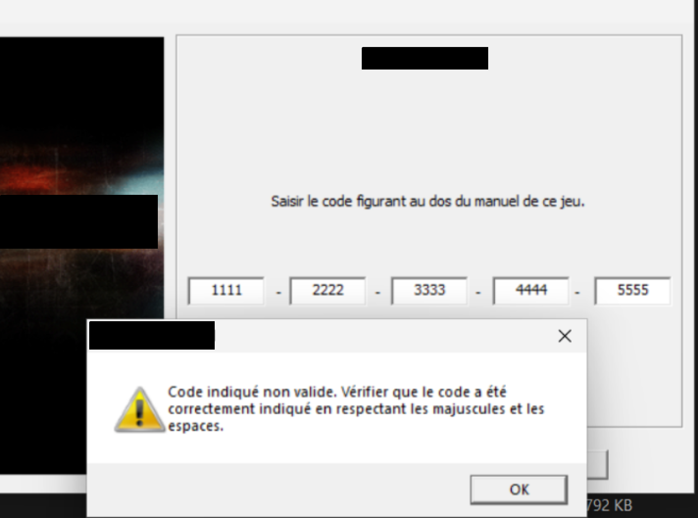The error message triggered by an invalid key.